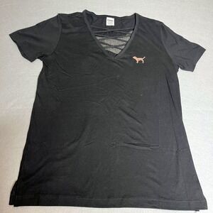 Victorias Secret PINK Bling Black Rose Gold Sequin Dog Logo V Neck T Shirt